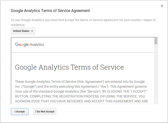 Accept Google Analytics Terms of Service Agreement.