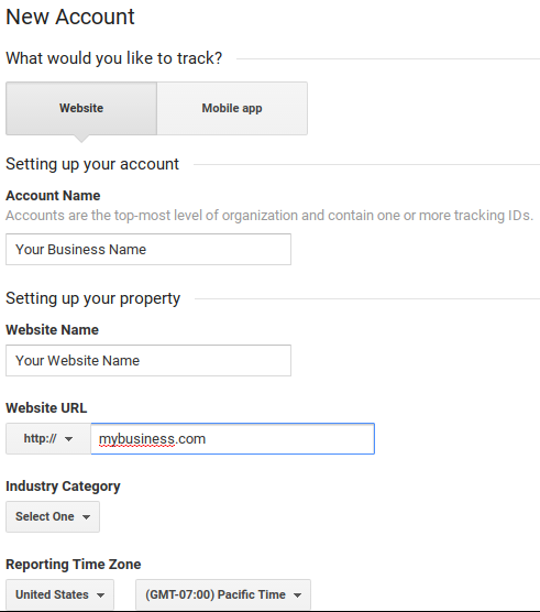 fill in your new account settings for the google analytics account