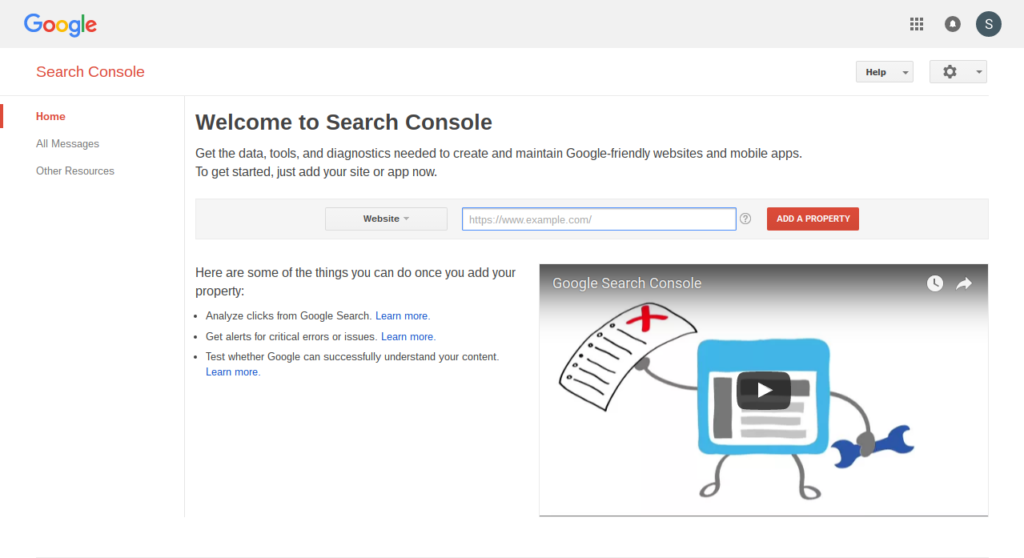 google webmaster tools welcome screen