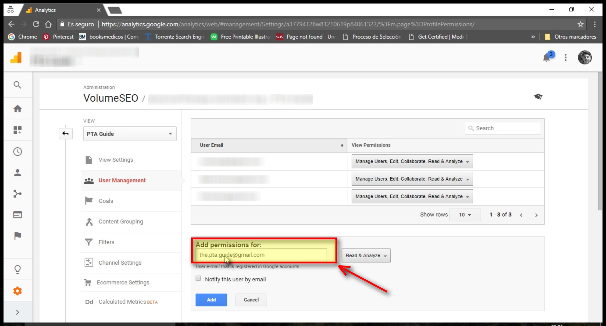 To add user to google analytics enter their email