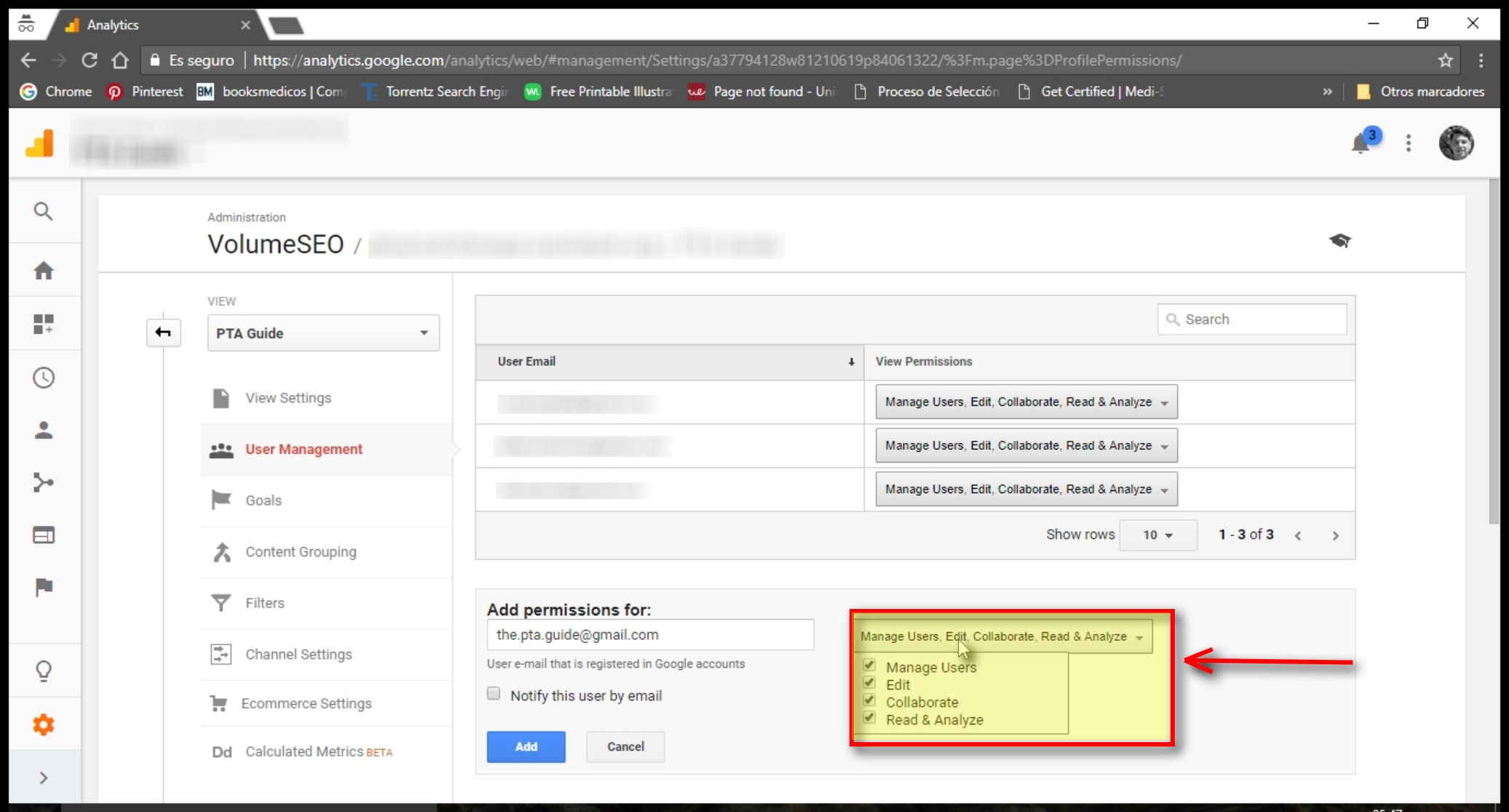 Select permissions when you add user to google analytics