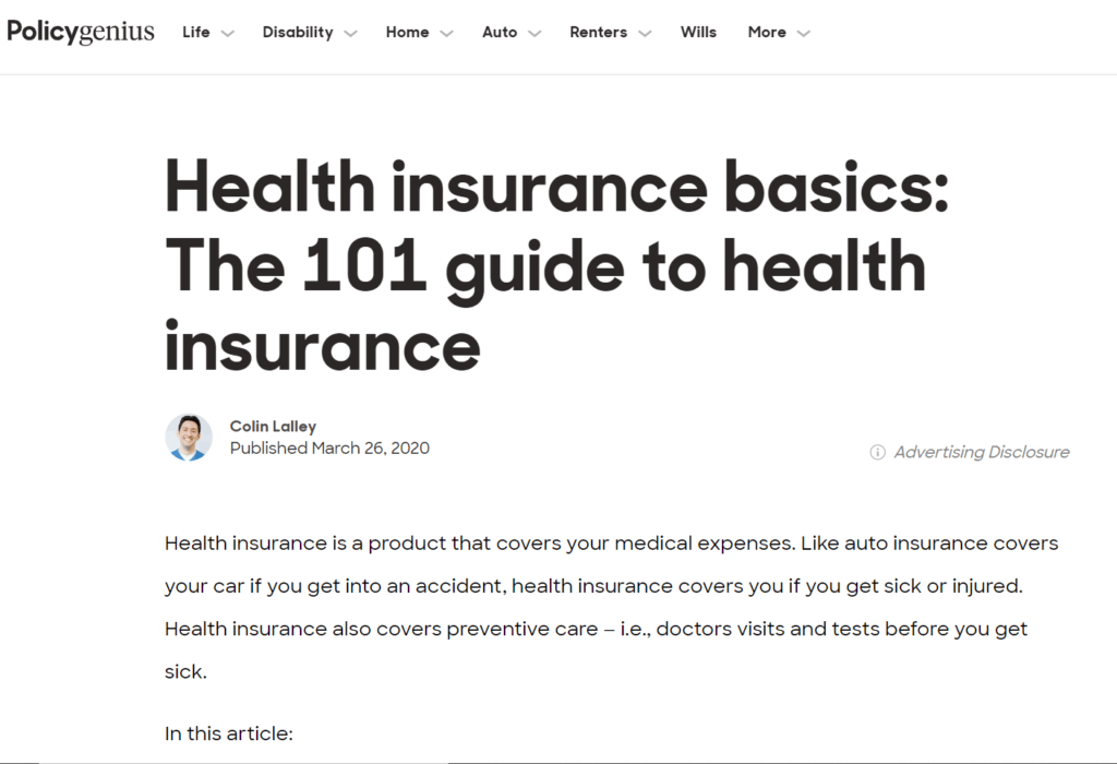 PolicyGenius Educates Policyholders on all types of insurance policies including Health Insurance